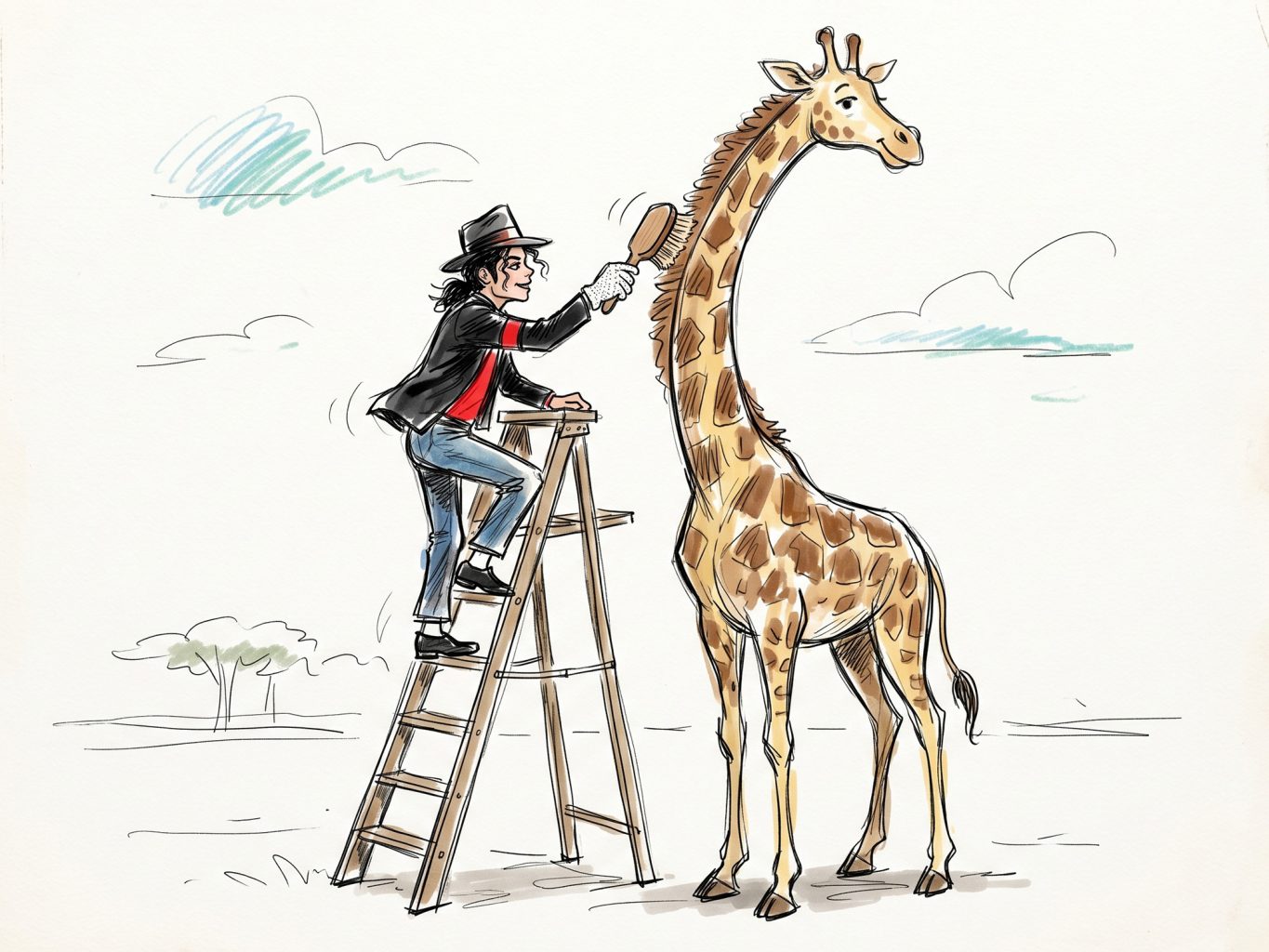 A whimsical watercolor sketch showing Michael Jackson standing on a ladder to brush a tall, smiling giraffe. The style uses loose ink lines and soft color washes.