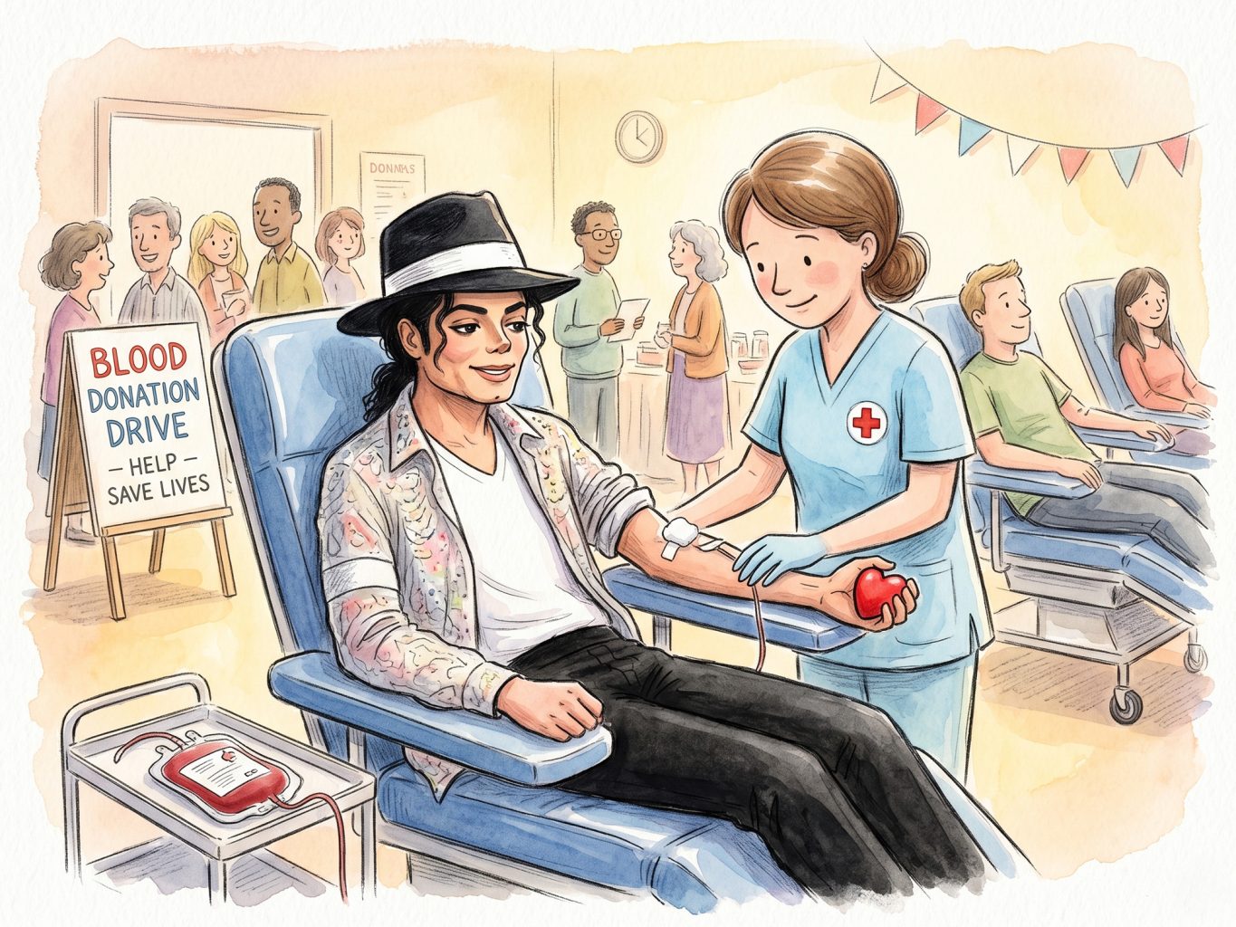 Watercolor art of Michael Jackson donating blood at a drive. A nurse assists him while others wait. The style is soft, whimsical, and features gentle linework.