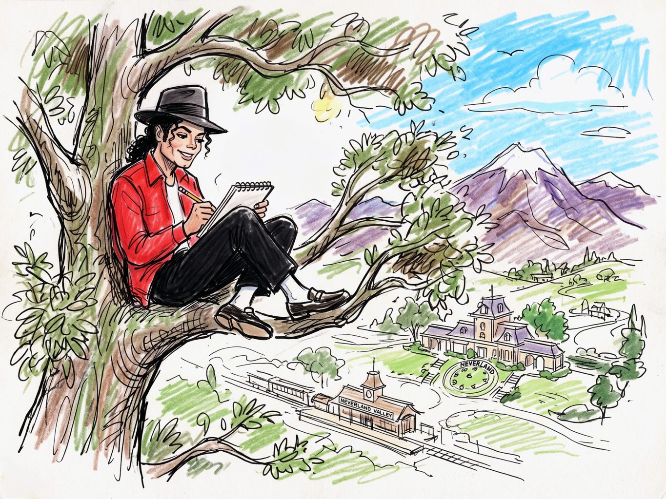Colorful marker illustration showing Michael Jackson sitting in a tree branch, writing in a notepad while overlooking Neverland Ranch and distant mountains.