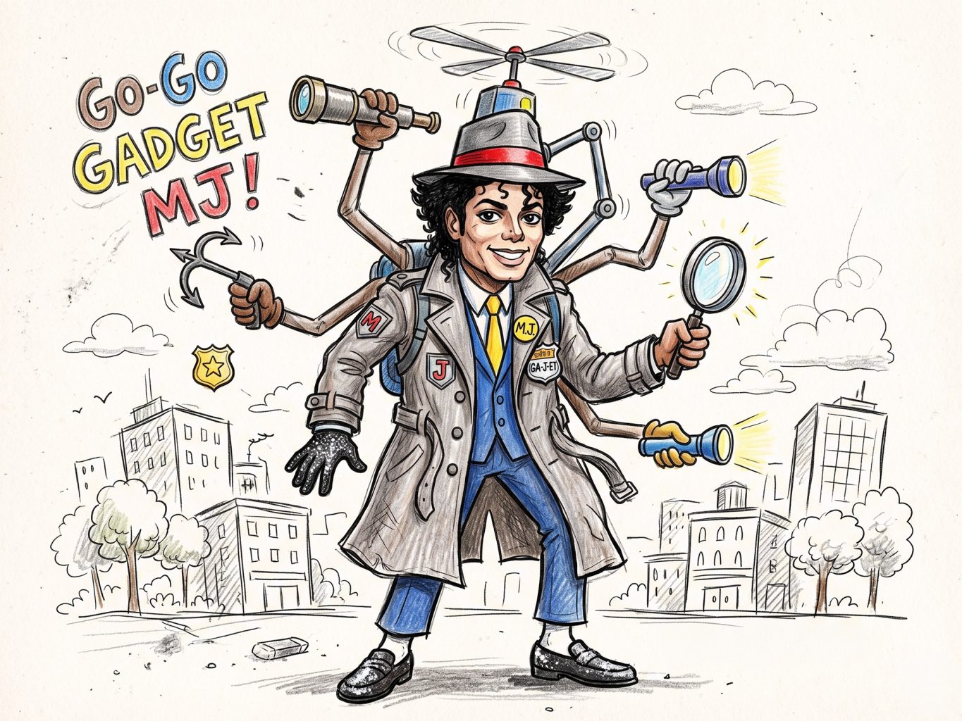 Michael Jackson as Inspector Gadget in a whimsical sketch. Wearing a trench coat and prop-filled hat, he strikes a pose. Playful, colored-pencil caricature style.