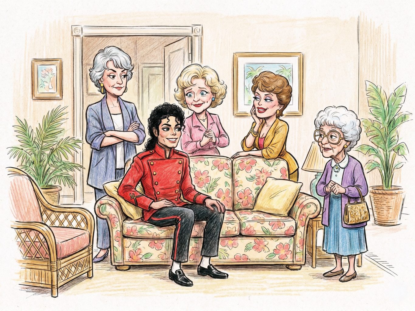 This charming illustration shows Michael Jackson visiting the Golden Girls in their living room. The sketch art style uses warm, soft pencils and colored washes.
