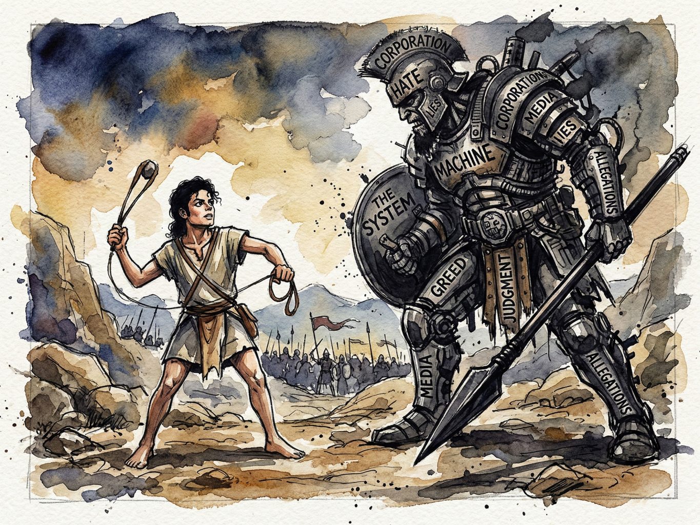A watercolor painting depicts Michael Jackson as David facing a giant, armored Goliath labeled with terms like "THE SYSTEM," symbolizing a fight against corruption.