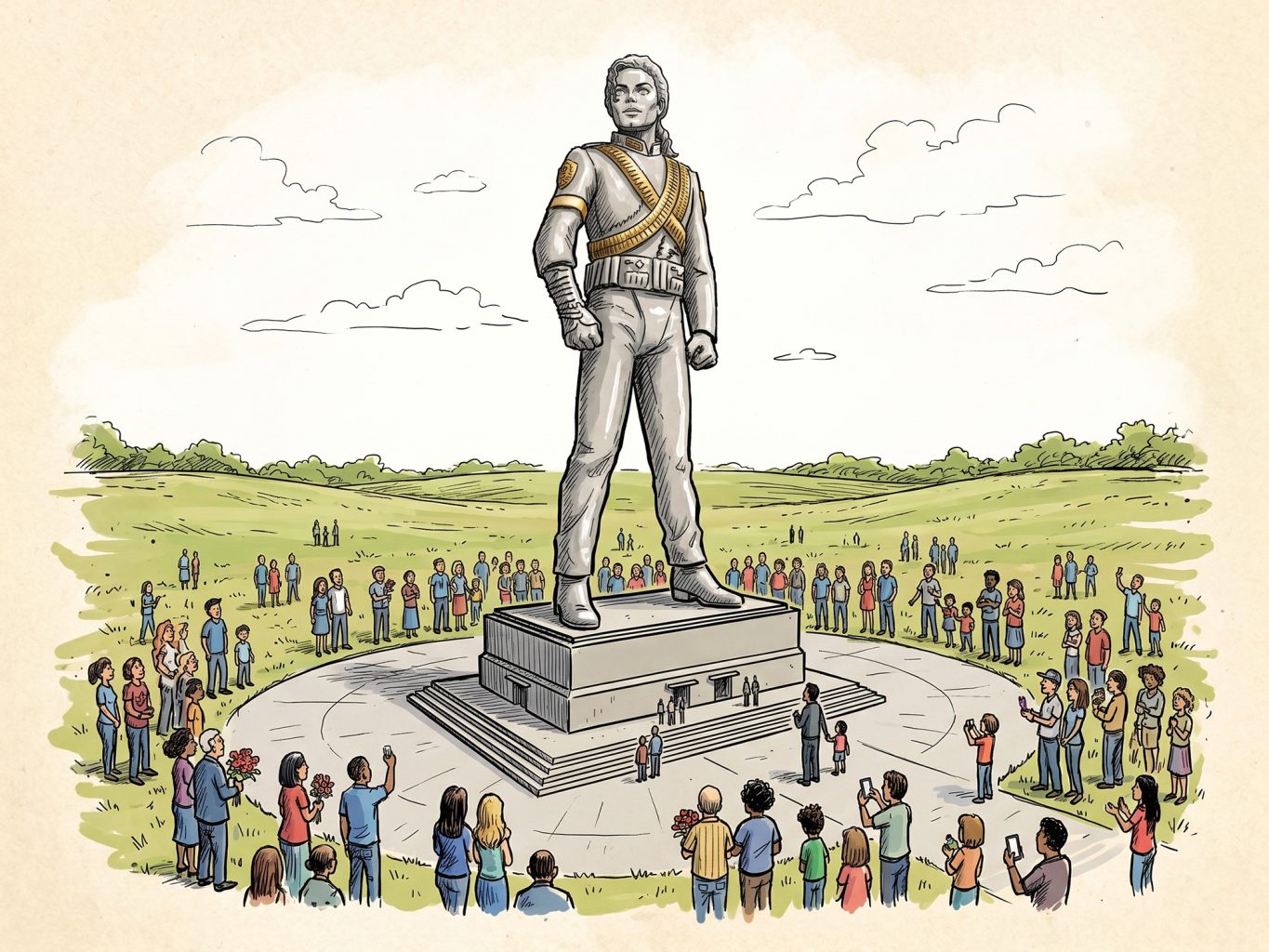 A vibrant hand-drawn illustration depicting a massive monument of Michael Jackson surrounded by a crowd in a grassy park, rendered in a detailed comic book style.