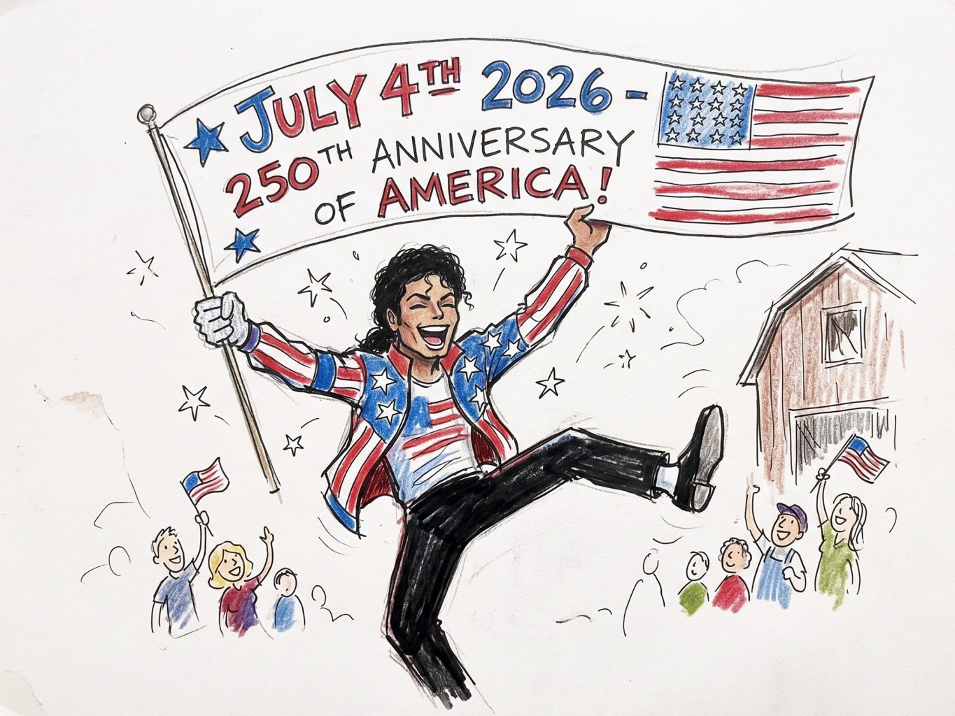 A festive cartoon drawing depicts Michael Jackson holding a July 4th, 2026 banner for America's 250th anniversary amidst a celebrating, flag-waving crowd.