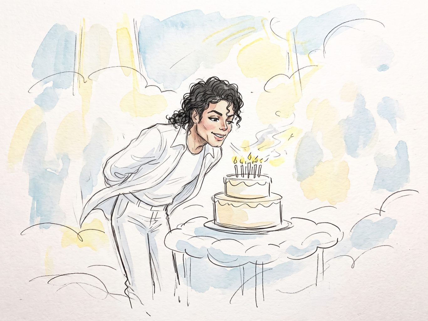 Michael Jackson leans in to blow out candles on a tiered cake in this whimsical watercolor and ink illustration, detailed with soft pastel washes and fine line art.