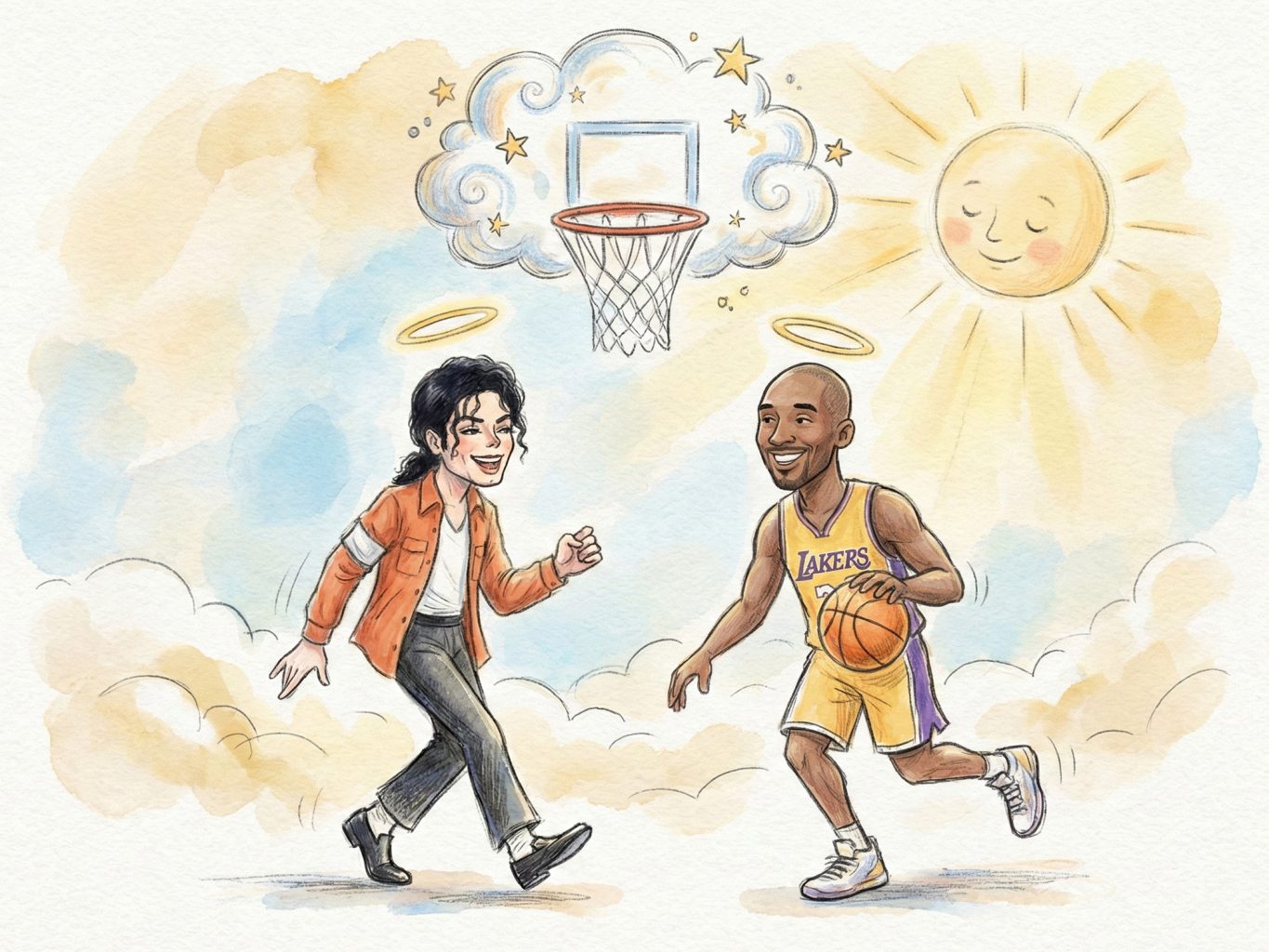 An illustration of Michael Jackson and Kobe Bryant with halos, playing basketball in heaven. The style uses soft watercolor textures and light pencil outlines.