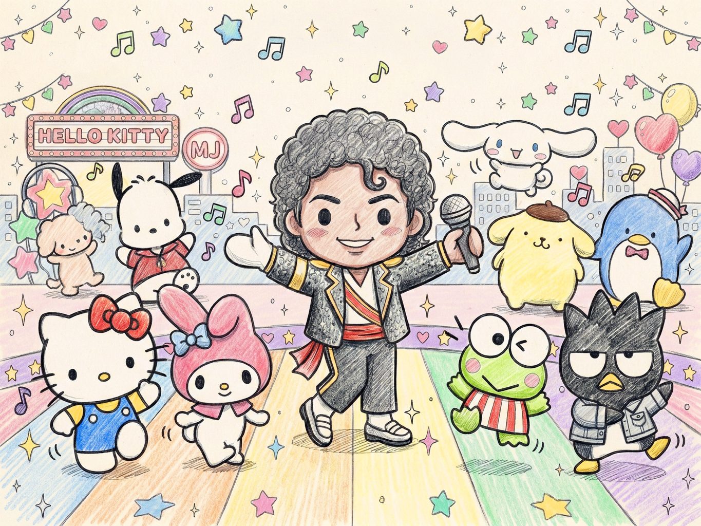 A cute, colored pencil sketch shows a chibi Michael Jackson performing on stage surrounded by Sanrio characters like Hello Kitty, all in a whimsical, starry style.
