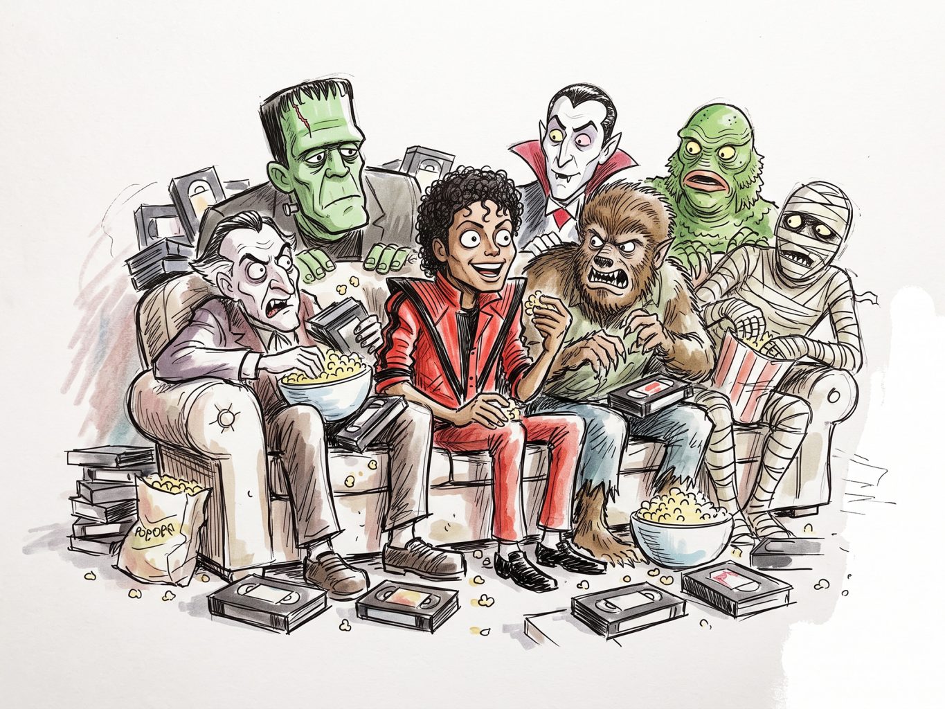 A whimsical cartoon illustration shows Michael Jackson in his iconic Thriller jacket sitting on a couch, eating popcorn with classic horror movie monsters.
