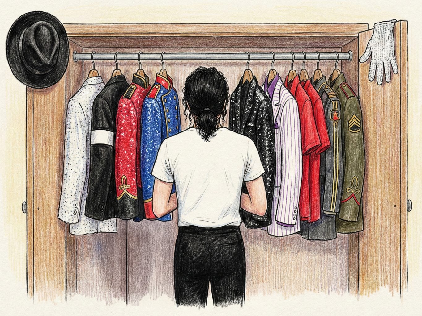 This colored pencil illustration shows Michael Jackson from behind, facing a closet filled with his iconic costumes. The style uses soft textures and fine lines.