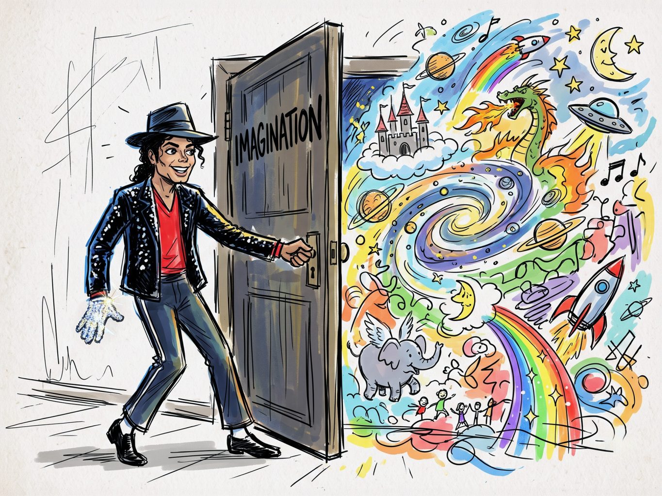 A vibrant cartoon illustration depicts Michael Jackson opening a door labeled "IMAGINATION" into a colorful fantasy world filled with dragons, space, and rainbows.
