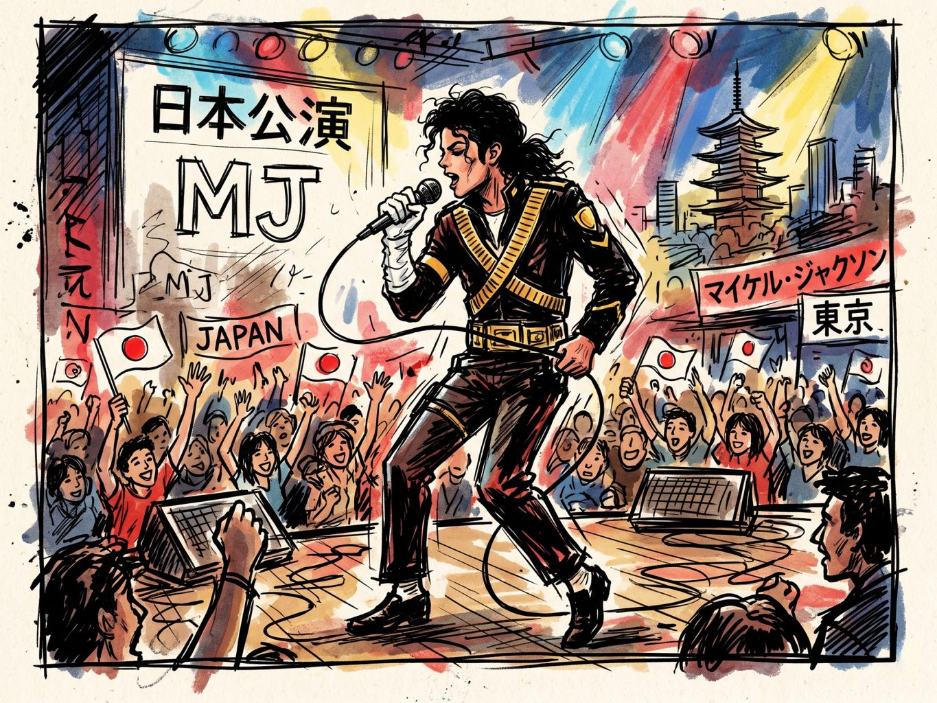 Michael Jackson performs in Japan. This vibrant, watercolor and ink comic-style illustration captures MJ singing on a stage surrounded by cheering fans.