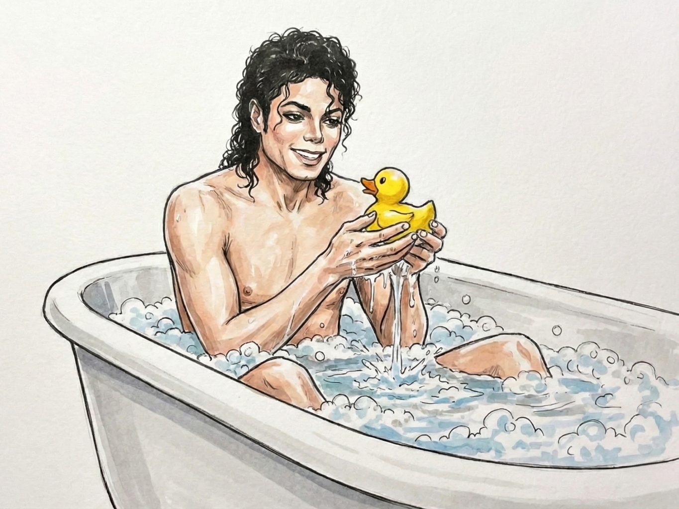 A playful marker drawing shows Michael Jackson smiling in a bubble-filled bathtub as he lifts a bright yellow rubber ducky from the water with both of his hands.