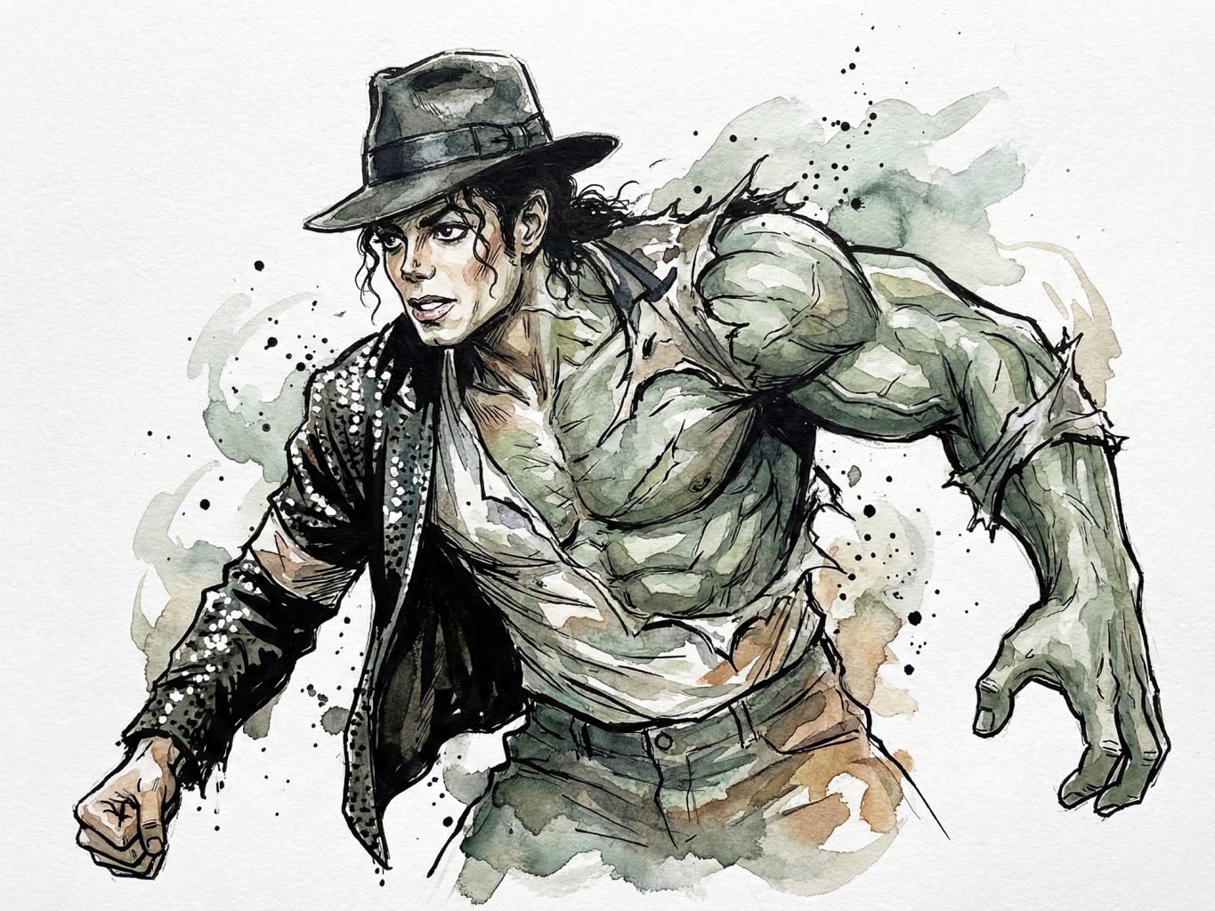 A striking watercolor illustration depicts Michael Jackson in a sequined jacket and fedora, transforming into a massive, green-skinned Hulk with ripped clothing.
