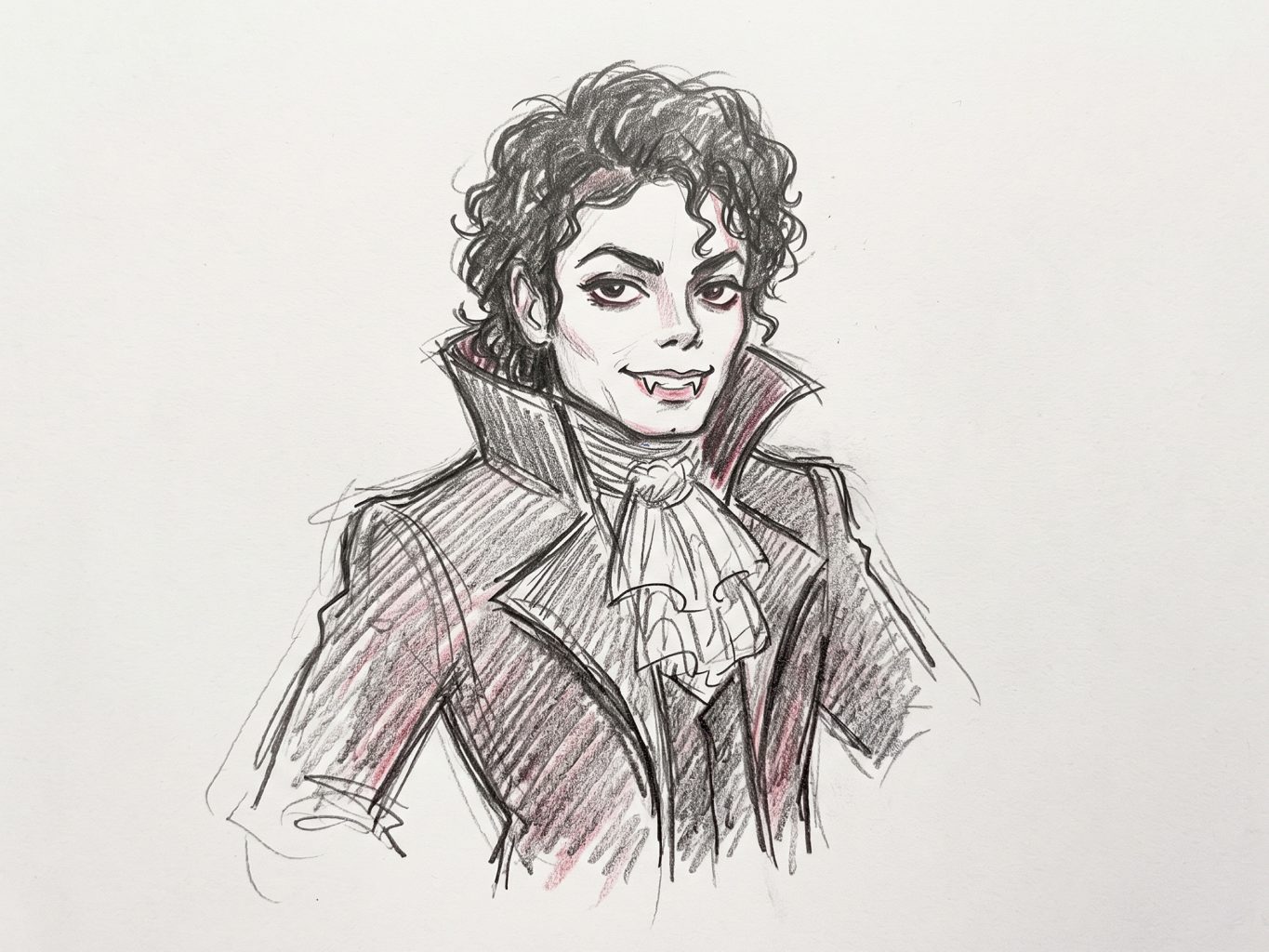 A pencil illustration depicts Michael Jackson styled as a vampire in gothic, 18th-century attire. The artistic style is a sketchy, colored pencil portrait.
