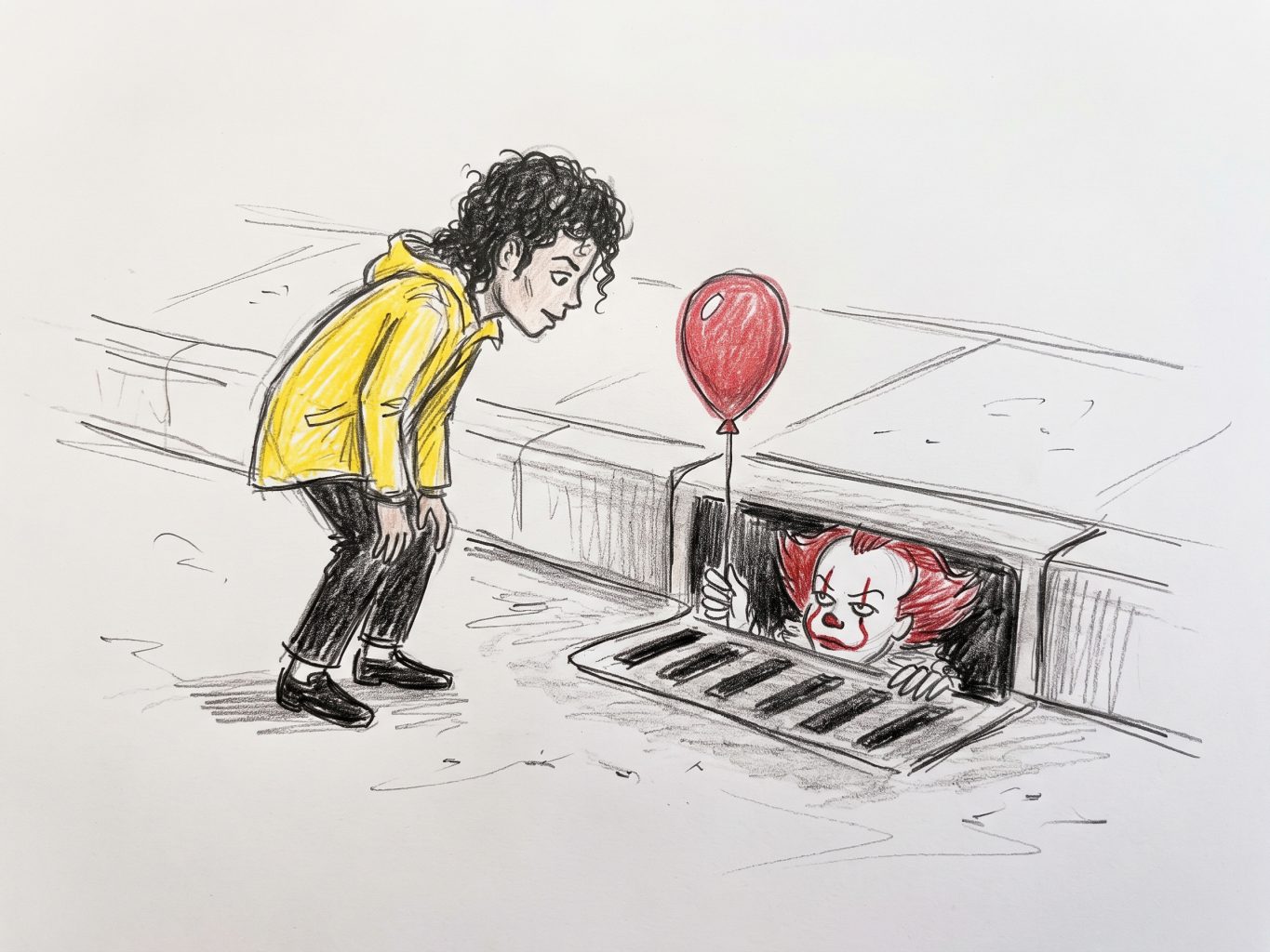 Michael Jackson leans down toward Pennywise in a storm drain in this colored pencil sketch, combining cartoon illustration with pop culture satire.