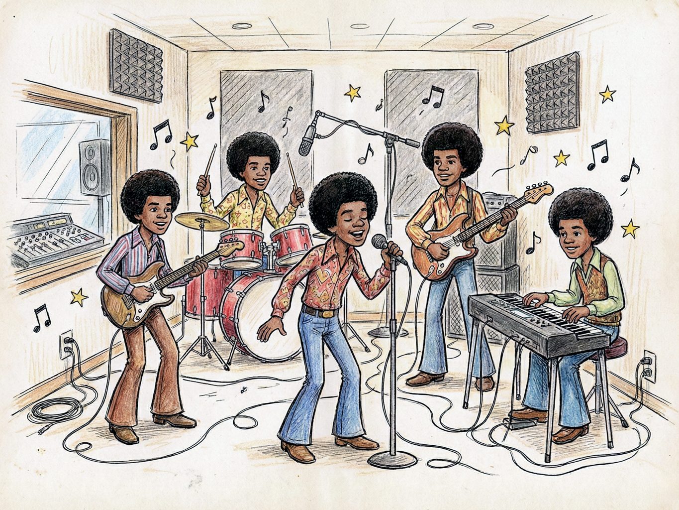 This sketch shows the Jackson 5 recording in a studio. The brothers play instruments and sing in a vibrant, hand-drawn colored pencil style with musical notes.