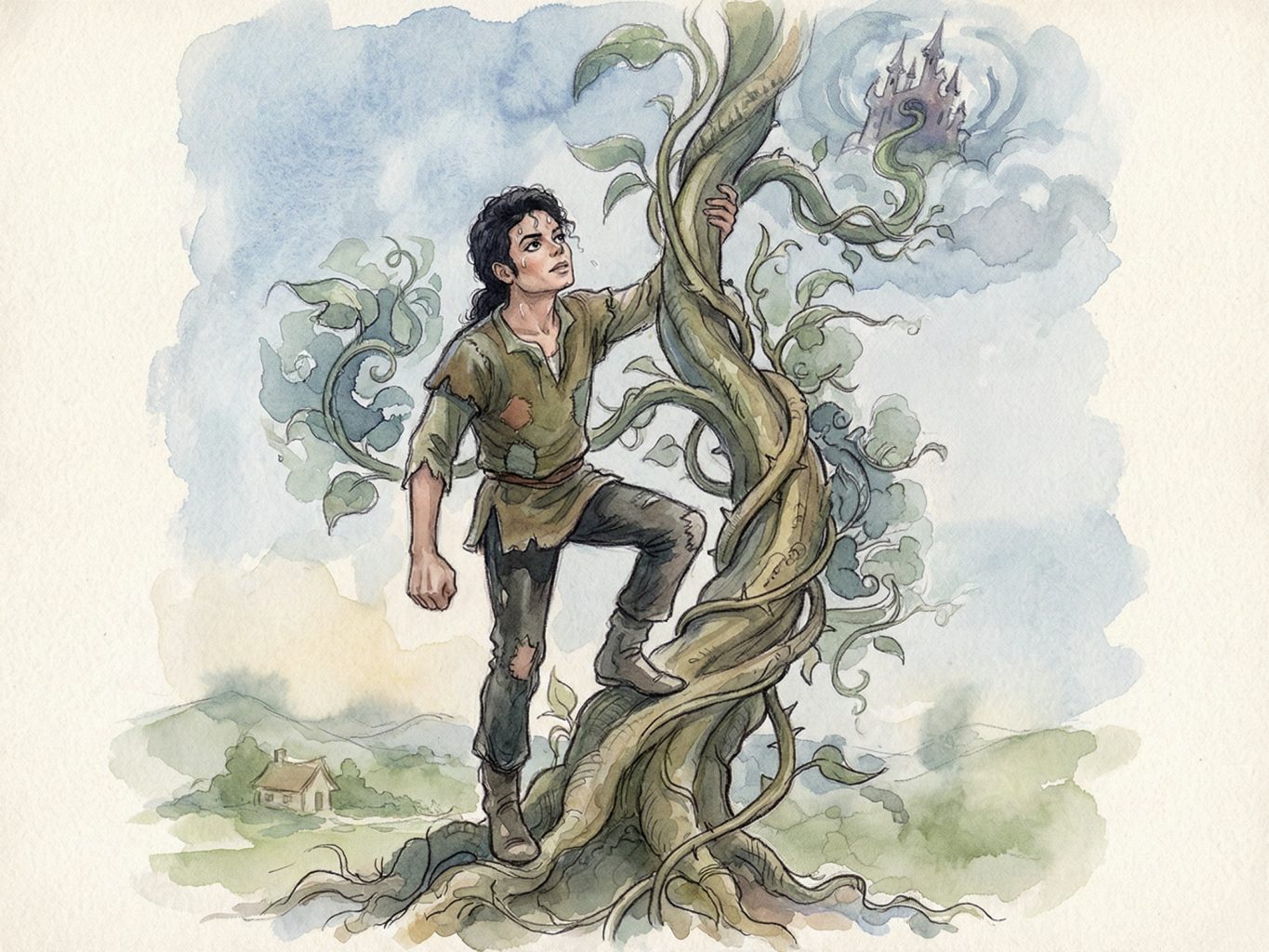 Watercolor art of Michael Jackson as Jack, climbing a beanstalk toward a castle in the clouds. The whimsical style uses soft, muted tones and delicate linework.