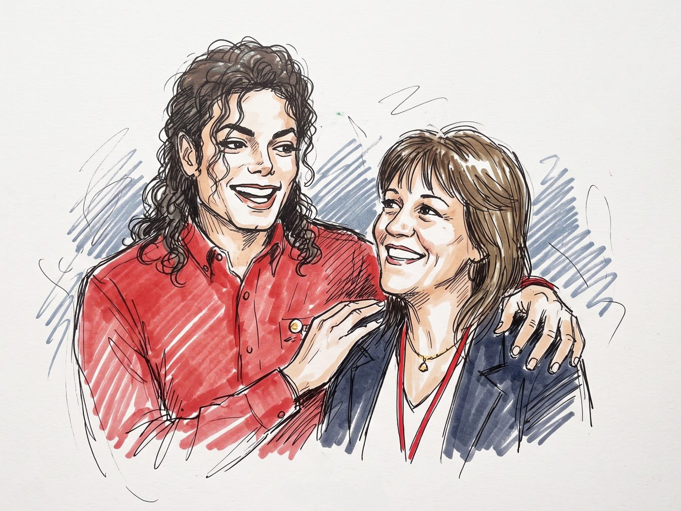 An ink and marker portrait illustration depicting Michael Jackson with his arm around a smiling Jayne Ross, rendered in a sketchy, expressive, caricature style.