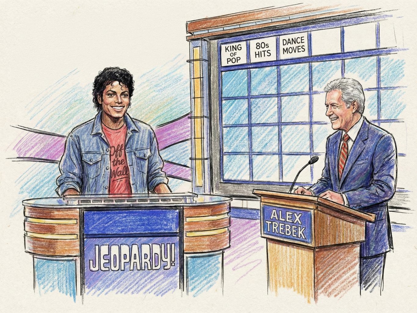 Michael Jackson competes on Jeopardy! with Alex Trebek. This colored pencil sketch features categories like "King of Pop" and a vibrant, hand-drawn aesthetic.