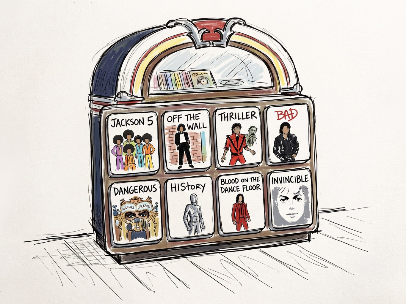 This hand-drawn, sketch-style digital illustration depicts a retro jukebox. The selection panels feature iconic album covers from Michael Jackson's discography.