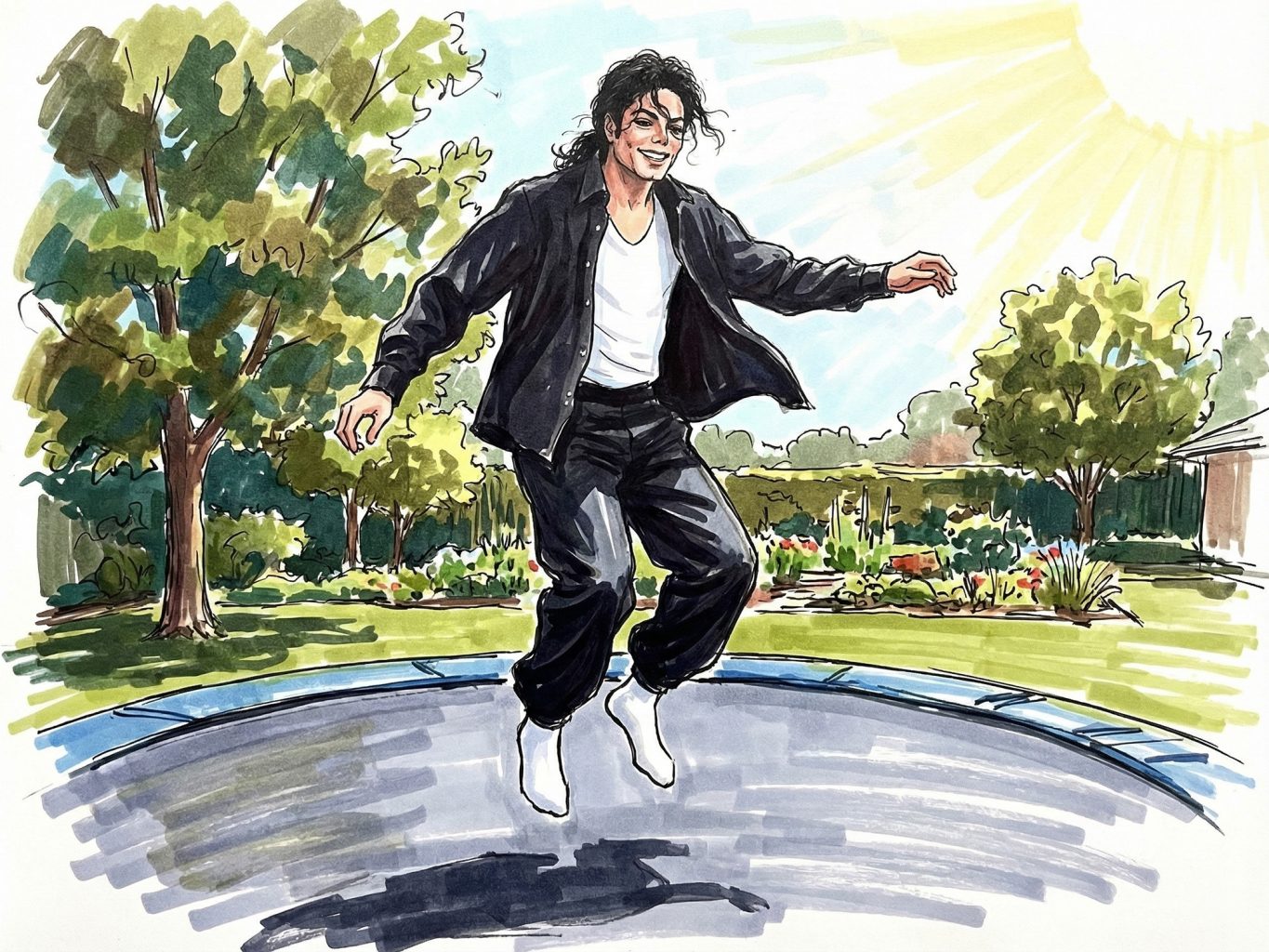 This marker illustration depicts a smiling Michael Jackson jumping on a backyard trampoline. The style features energetic lines and a bright, sunlit color palette.