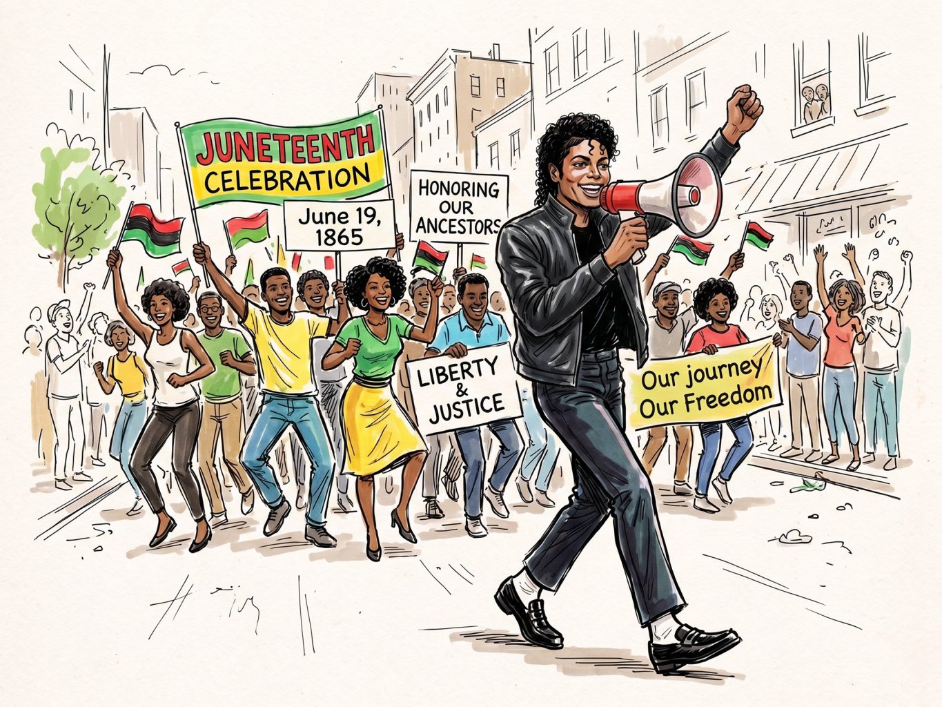 A vibrant watercolor and ink sketch of a joyful Juneteenth parade led by a man resembling Michael Jackson with a megaphone, celebrating freedom and unity.