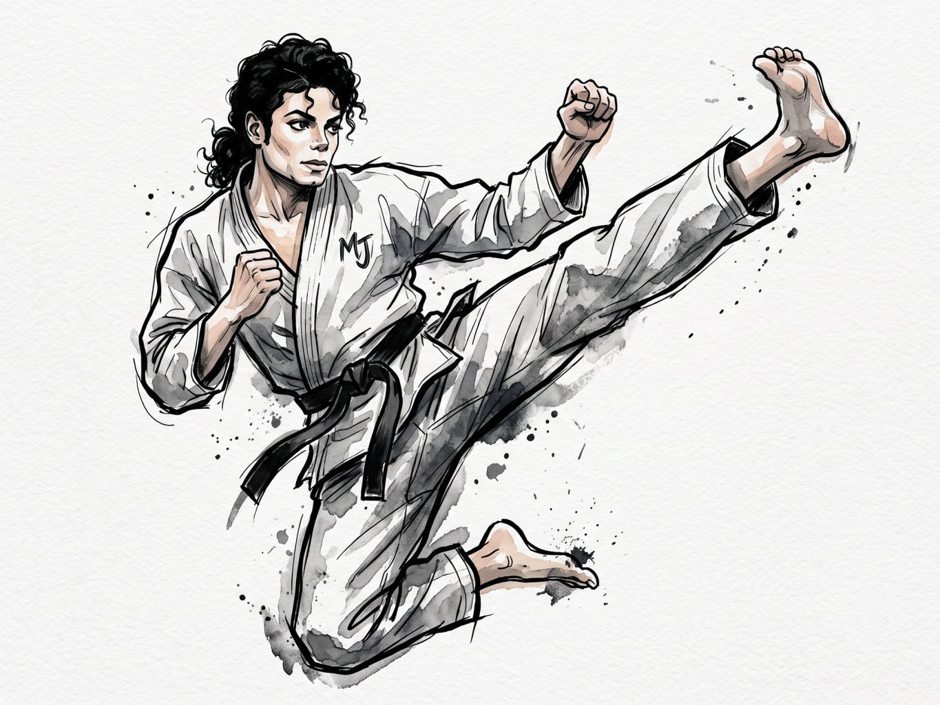 An ink and watercolor illustration of Michael Jackson performing a high karate kick in a white gi with a black belt, showcasing a dynamic, sketchy art style.