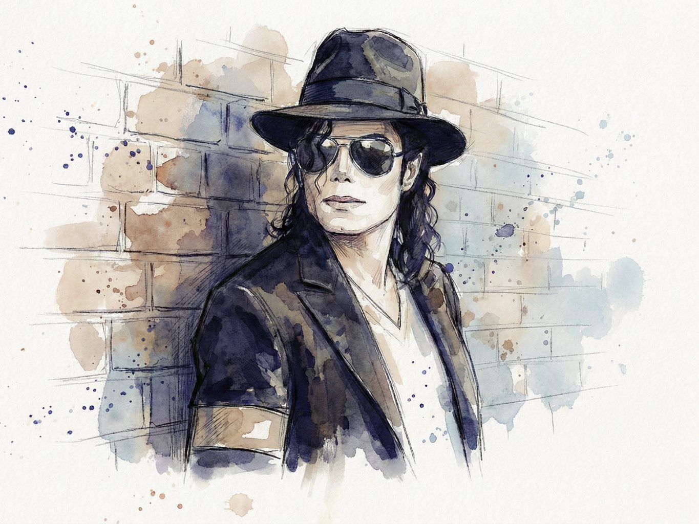A watercolor painting of Michael Jackson, portrayed in his iconic fedora and sunglasses, leaning against a brick wall. The art style is expressive and fluid.