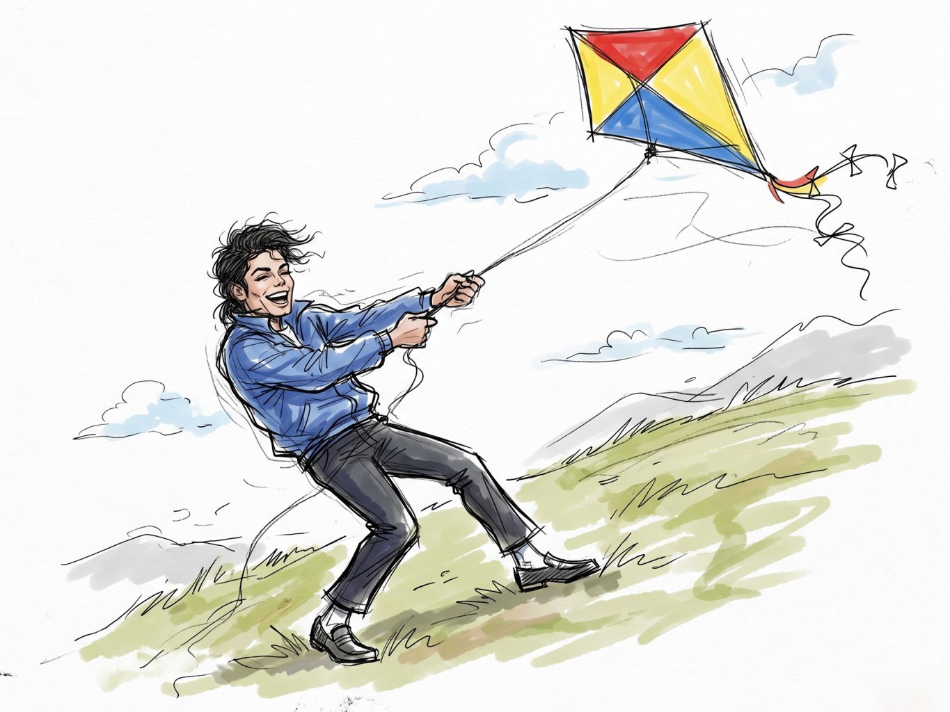 A vibrant sketch illustration shows a joyful Michael Jackson flying a colorful kite on a grassy hill, rendered in a dynamic, loose watercolor and ink style.