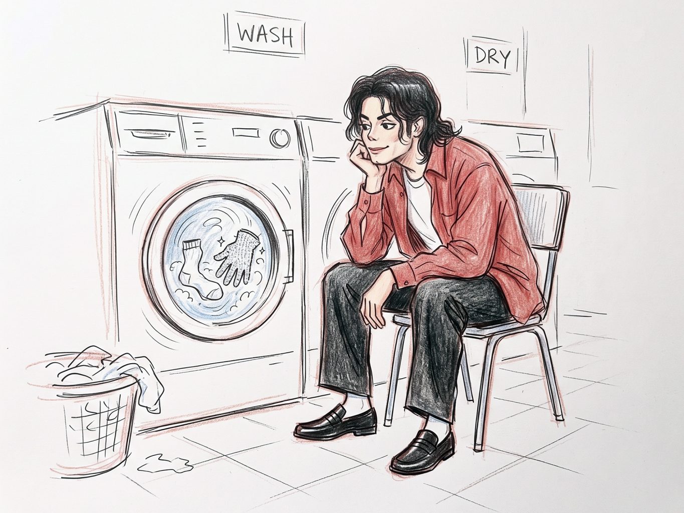 A hand-drawn ink and colored pencil sketch shows Michael Jackson sitting in a laundromat, smiling as he watches his iconic sparkly glove and sock in a washer.