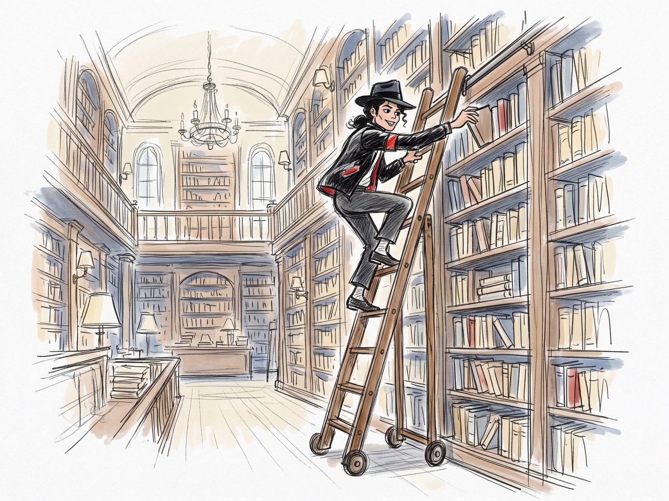 A watercolor sketch shows Michael Jackson climbing a wheeled rolling ladder in a grand classical library to reach a book high up on a tall bookshelf.