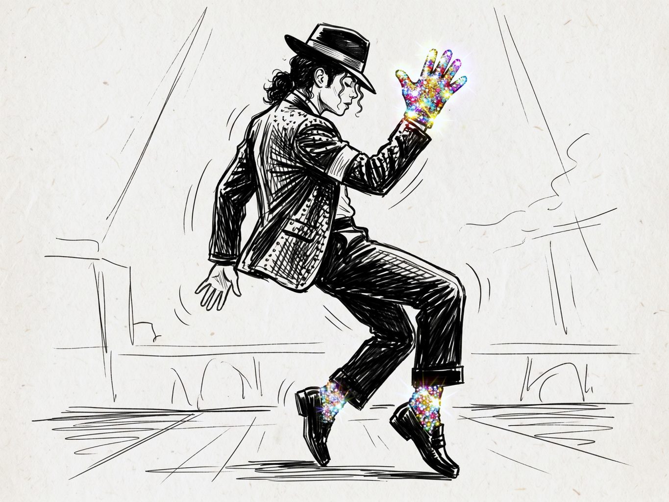 A monochrome ink sketch of Michael Jackson dancing on his toes. His iconic glove and socks burst with vibrant, sparkling, multicolored digital glitter dots.