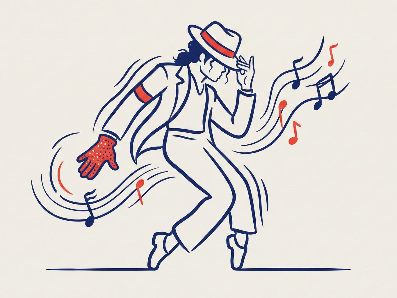A minimalist line art illustration of Michael Jackson dancing amidst flowing musical notes. The style uses bold blue outlines and red accents for a dynamic look.