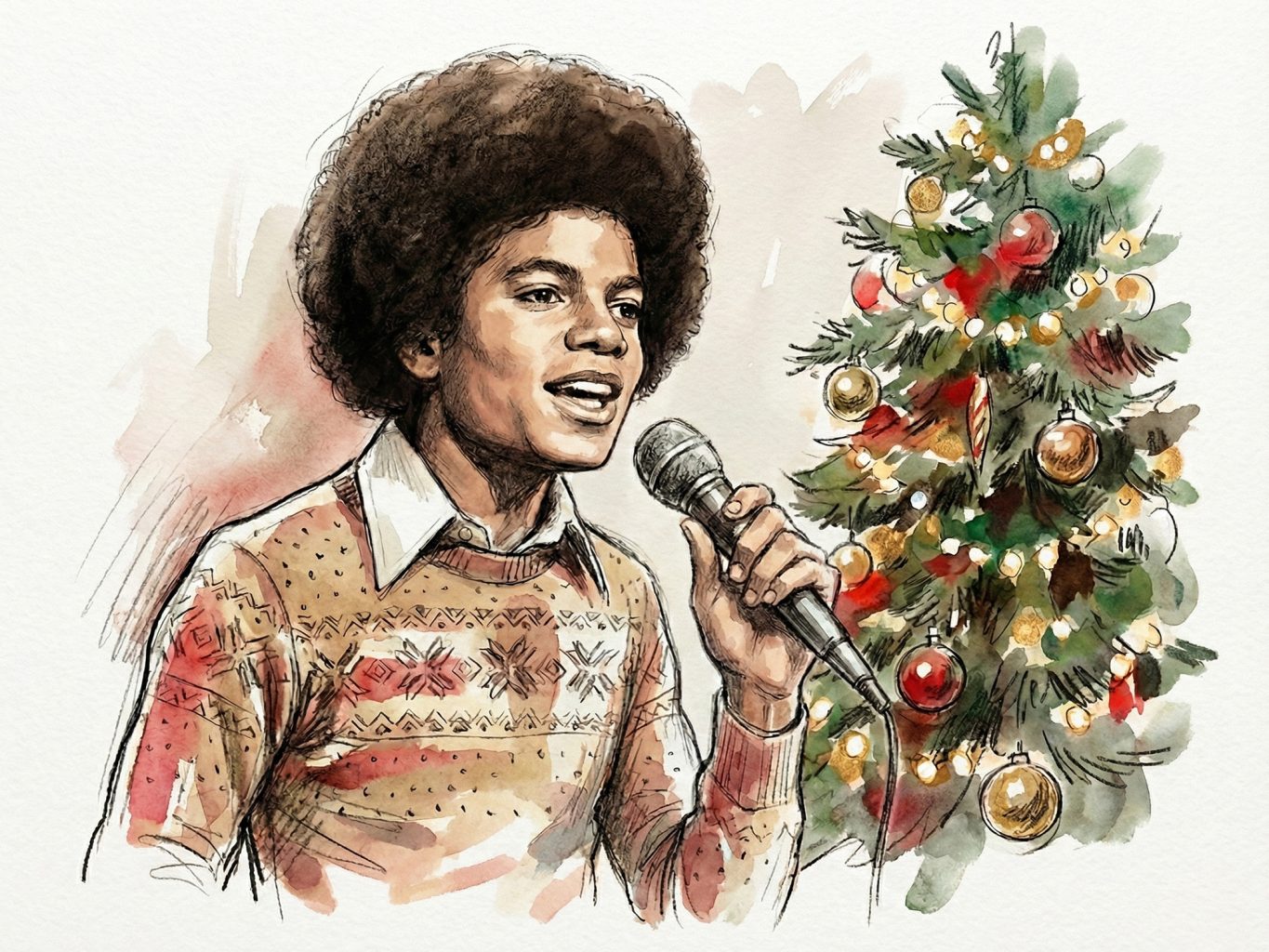 A watercolor and ink illustration with warm holiday tones shows a young Michael Jackson singing into a microphone beside a decorated Christmas tree softly.