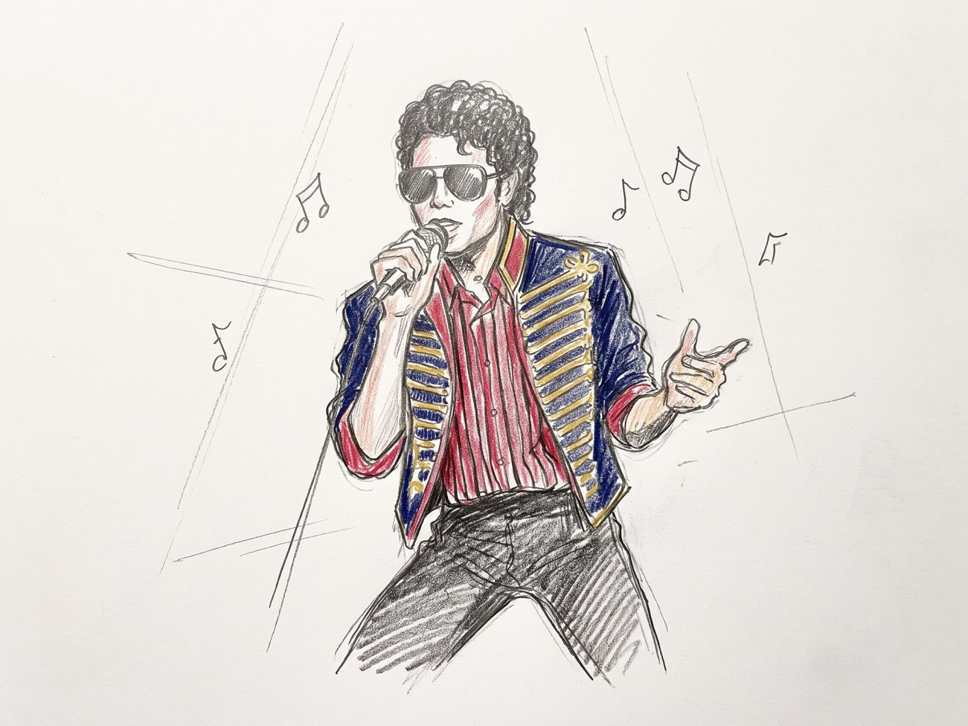 A colored pencil and graphite sketch depicting Michael Jackson singing into a microphone in sunglasses and an ornate jacket, surrounded by floating musical notes.
