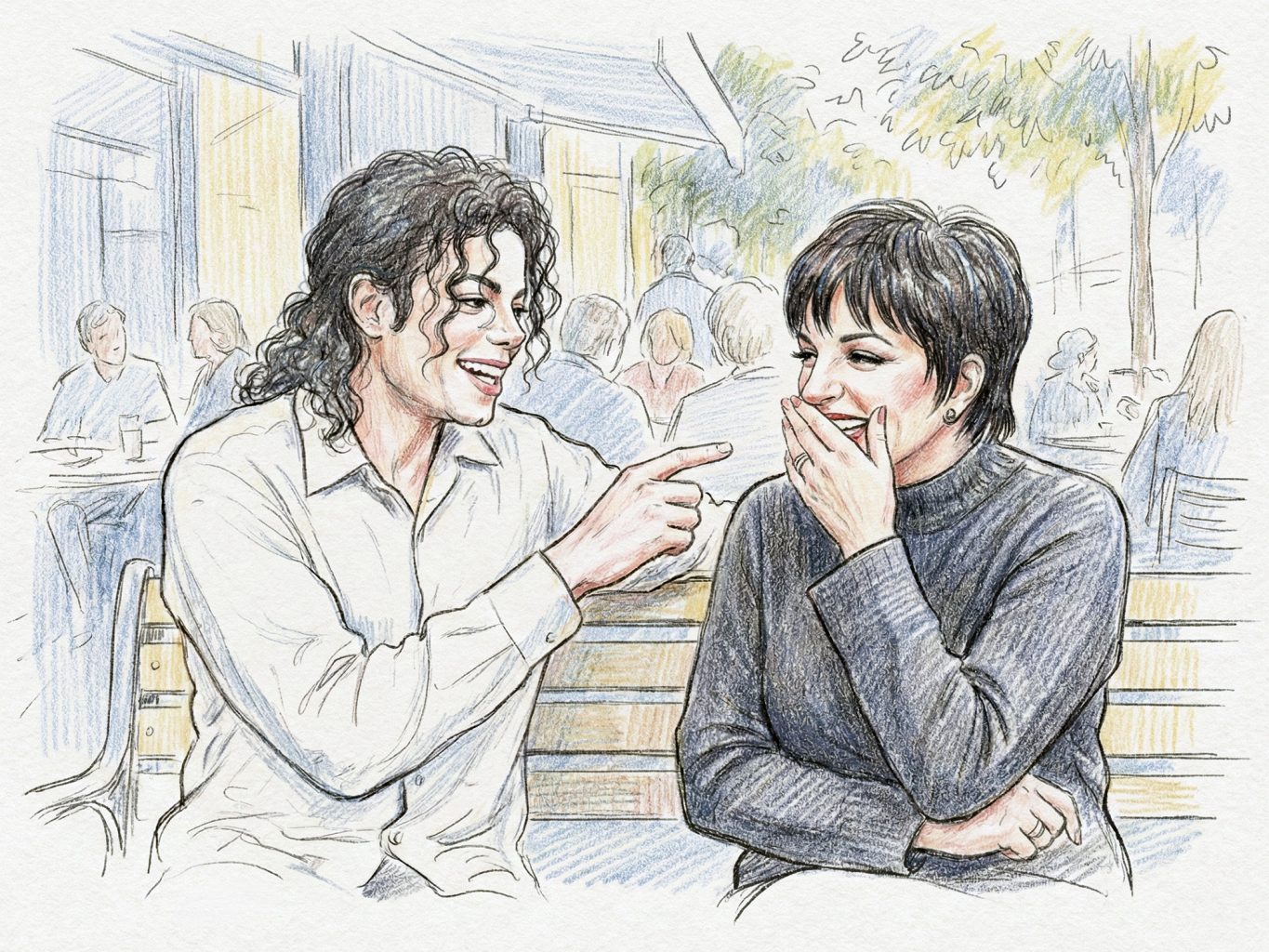 Michael Jackson and Liza Minnelli in a cheerful conversation at an outdoor café, depicted in a detailed colored pencil illustration with visible hatching.