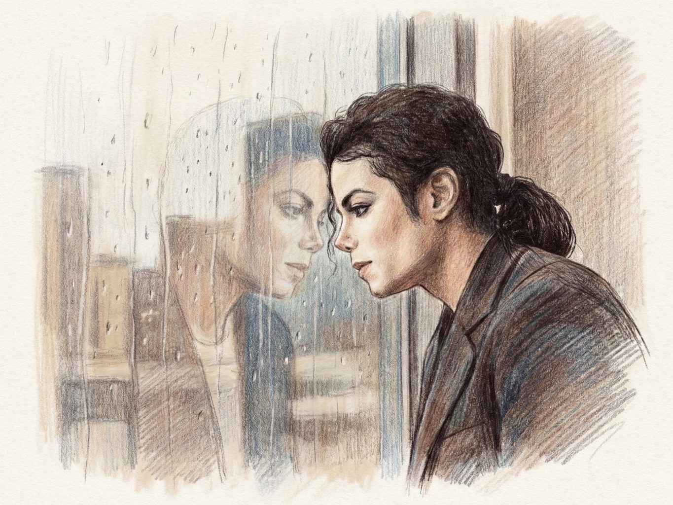 This colored pencil drawing shows Michael Jackson leaning against a rainy window, gazing at his own reflection. It features soft textures and a somber, moody tone.