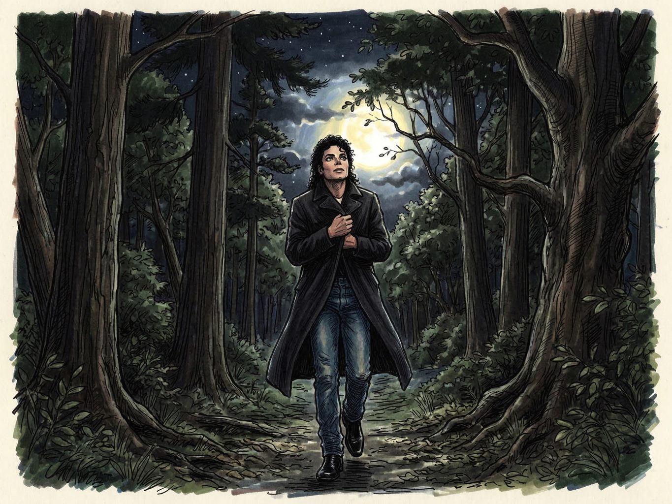 Michael Jackson walks through a dark, moonlit forest in this comic-style illustration. Bold ink outlines and moody shading create a cinematic, mysterious atmosphere.