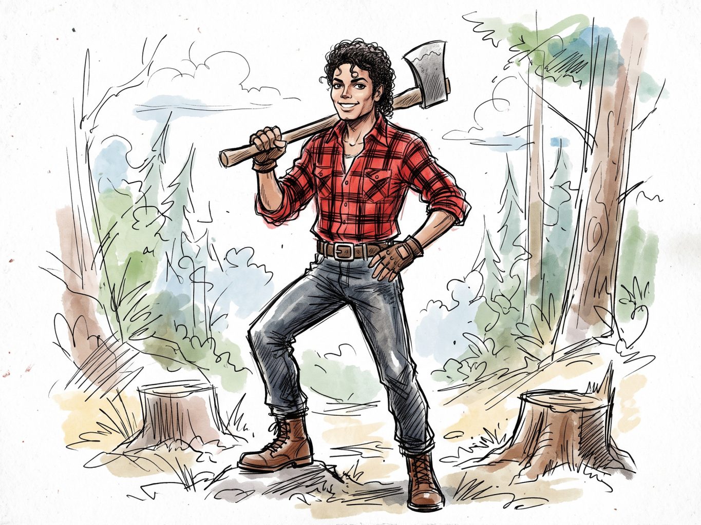 An ink and watercolor illustration of Michael Jackson dressed as a smiling lumberjack carrying an axe on his shoulder in a forest filled with tall pine trees.