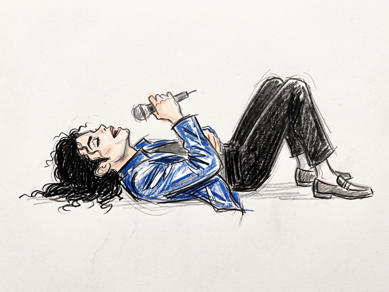 A colored pencil sketch of Michael Jackson lying down while singing into a microphone, wearing a bright blue jacket and dark pants on a plain white backdrop.