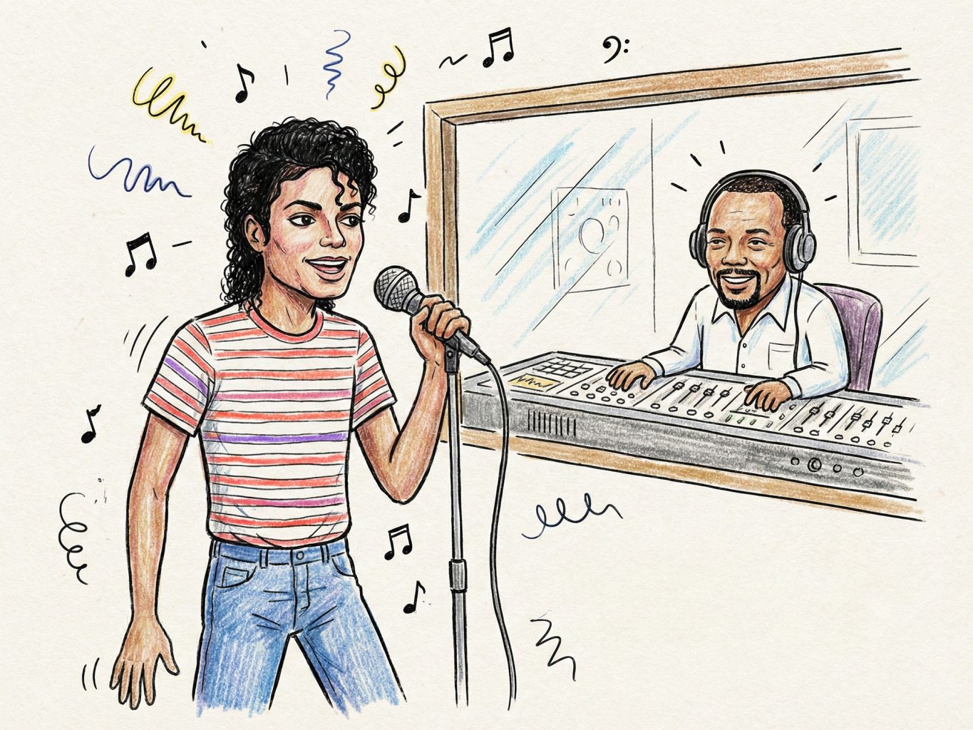 This sketch shows Michael Jackson singing in a studio as Quincy Jones produces. The hand-drawn colored pencil style features playful musical notes and swirls.