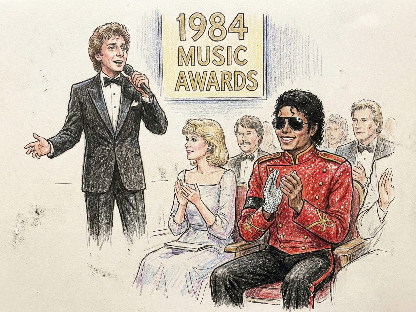 A cheerful colored pencil drawing shows Michael Jackson in a red sequined jacket, smiling and clapping in the front row of an Awards show as Barry Manilow sings in a tuxedo.