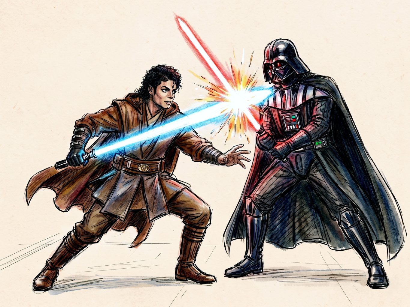 Michael Jackson as a Jedi duels Darth Vader in this vibrant comic-style sketch. Kinetic line art and bold colors capture a glowing blue and red lightsaber clash.