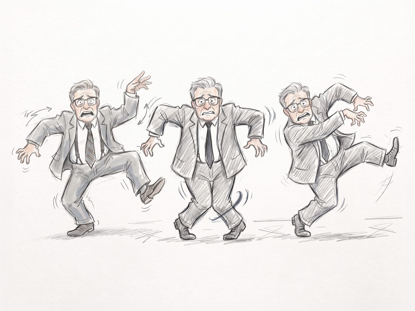 A storyboard-style pencil illustration depicts a frightened businessman in a grey suit awkwardly creeping and shuddering across three expressive animation poses.