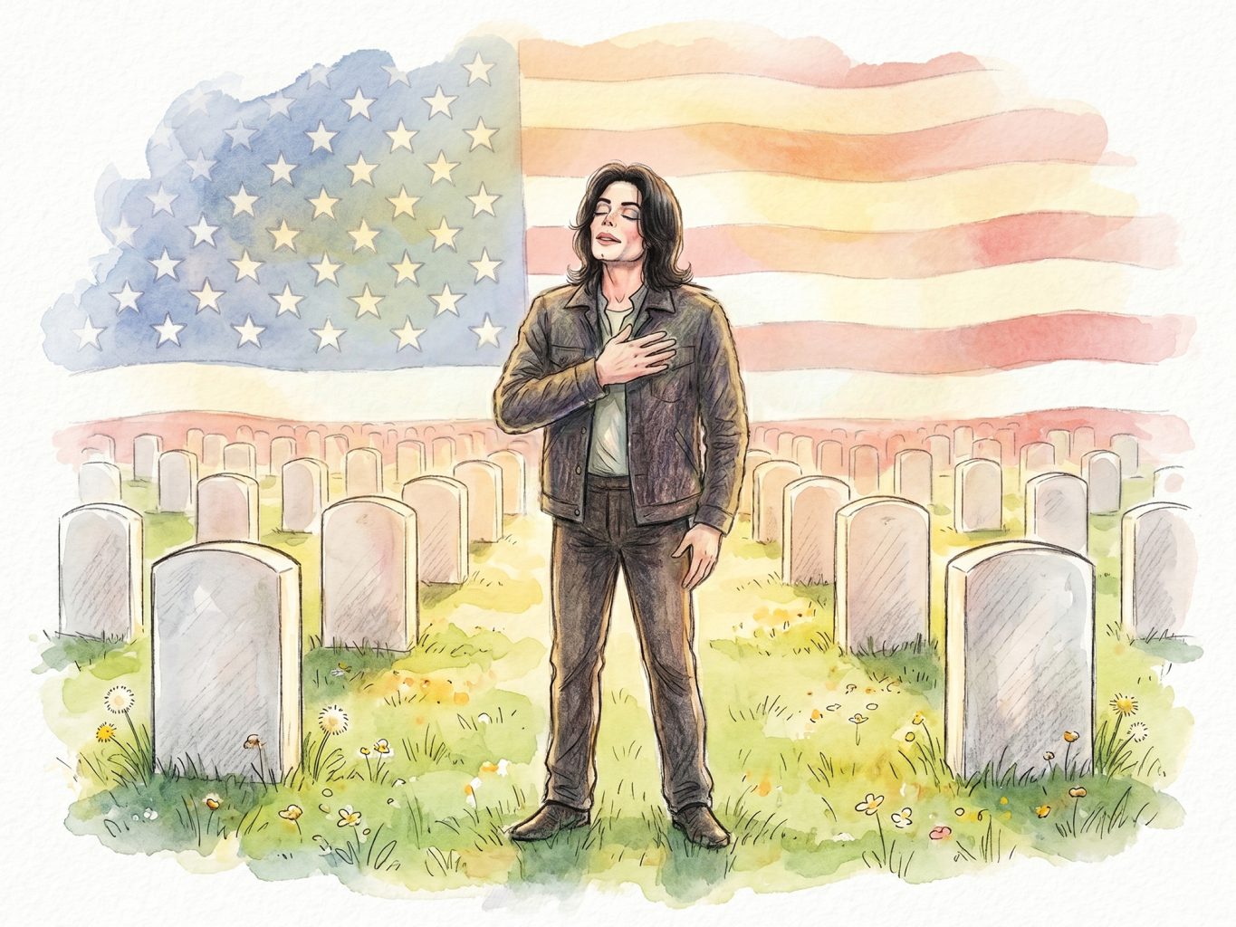 A watercolor of Michael Jackson standing in a military cemetery with his hand on his heart, set against a stylized, large American flag backdrop.