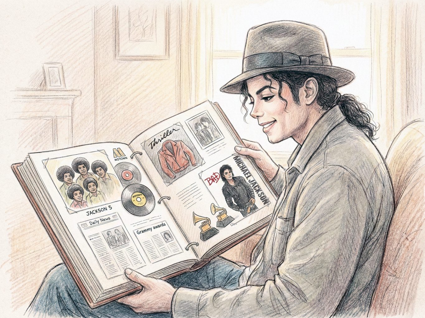 Michael Jackson smiles at a scrapbook of his life, from the Jackson 5 to Thriller. This nostalgic, colored pencil sketch features soft shading and fine line work.