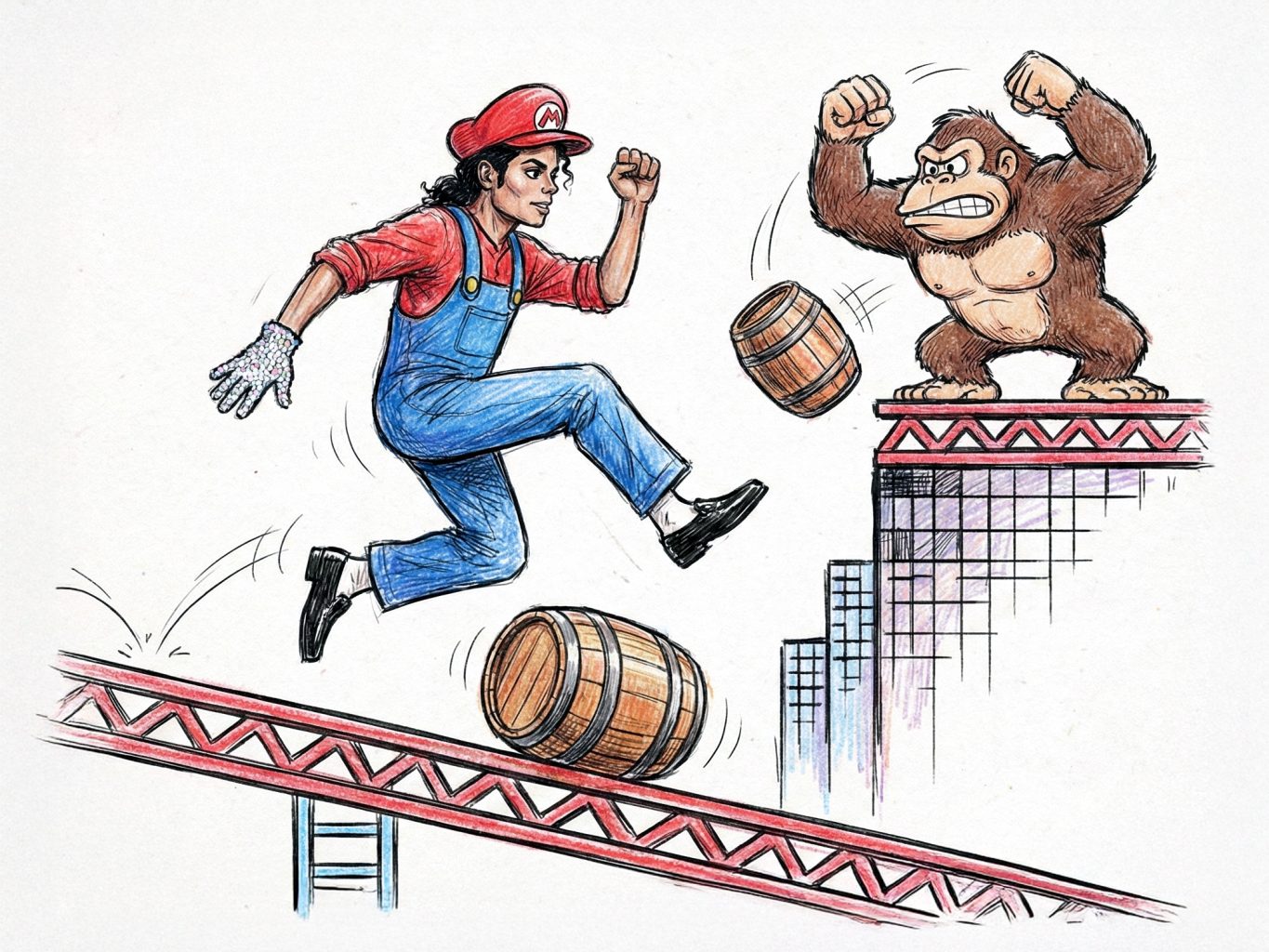 A vibrant colored pencil art shows Michael Jackson as Mario, jumping over a rolling barrel toward Donkey Kong in the classic arcade game setting with a white base.