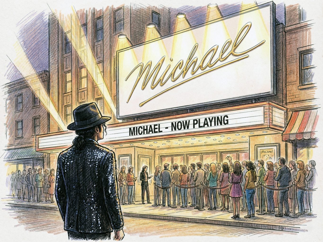 This sketch shows Michael Jackson in a sequined jacket viewing a theater marquee for his biopic. The hand-drawn colored pencil style uses warm, nostalgic tones.
