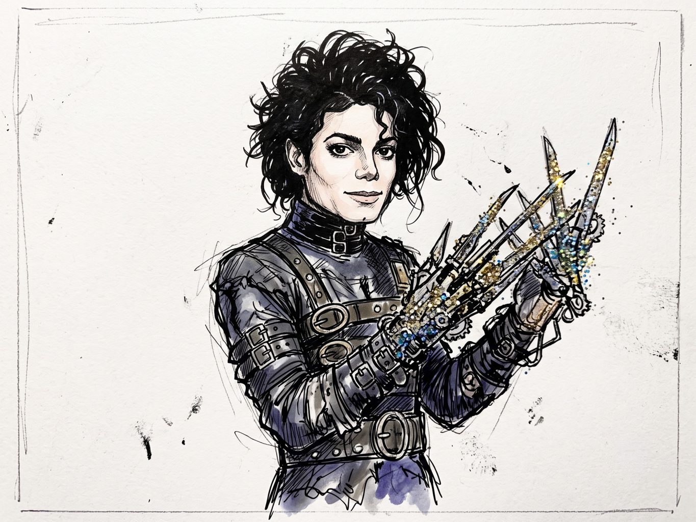 Michael Jackson is depicted as Edward Scissorhands in a gothic, sketchy ink and watercolor illustration, featuring textured colorful glitter on his scissor hands.