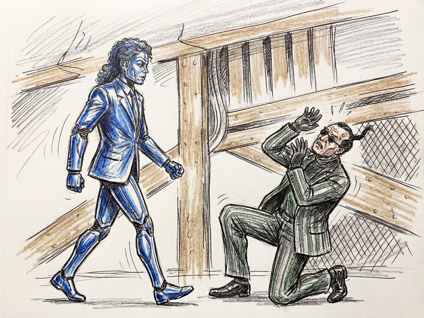 A vivid colored pencil art depicts a shiny robot version of Michael Jackson from Moonwalker walking Mr. Big (Joe Pesci) who is recoiling in fear on the ground.